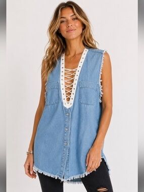 Furst of a Kind Denim Lace Up Tunic Vest Size Medium Distressed Boho Y2K